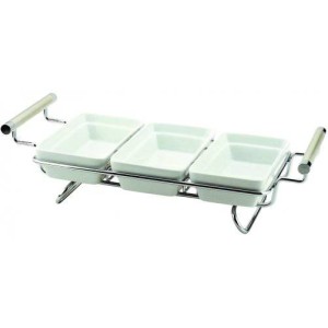 Подставка 38х15см с 3мя фарфоровыми блюдами  15х8см нержавеющая сталь