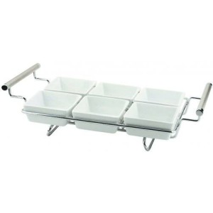 Подставка 39х20см с шестью фарфоровыми блюдами  9х9см нержавеющая сталь